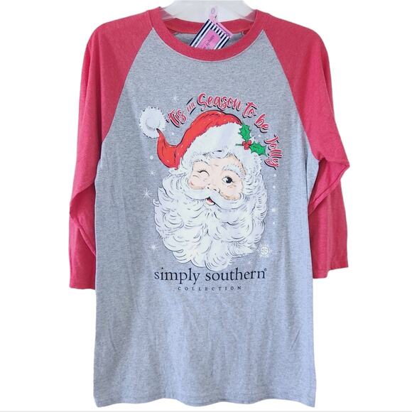 NEW Simply Southern Christmas Santa Raglan Shirt Small Women Top Holiday - Picture 1 of 4